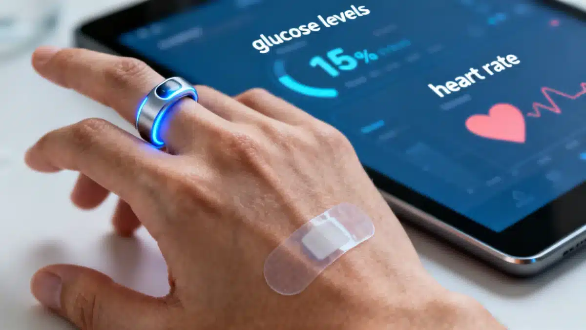 Close-up of a smart ring and skin patch monitoring glucose and heart rate.