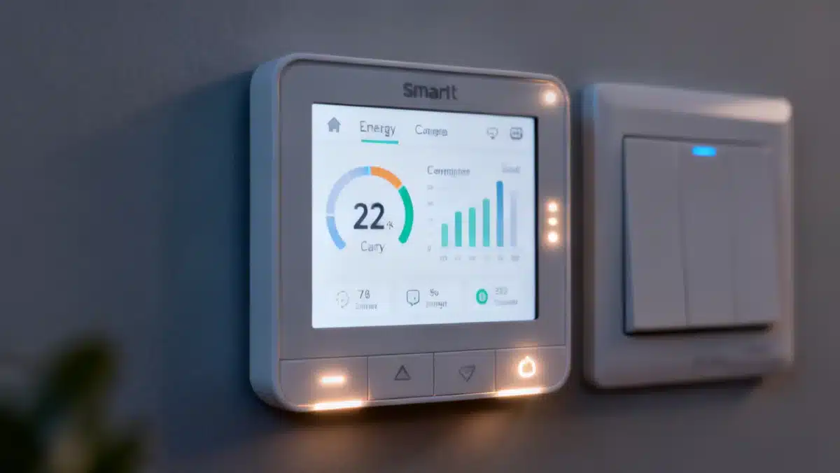 Advanced smart thermostat interface showing energy savings and personalized settings