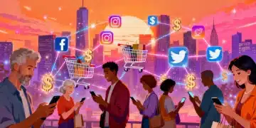Dynamic visual of social commerce growth with interconnected social media and shopping elements for US brands
