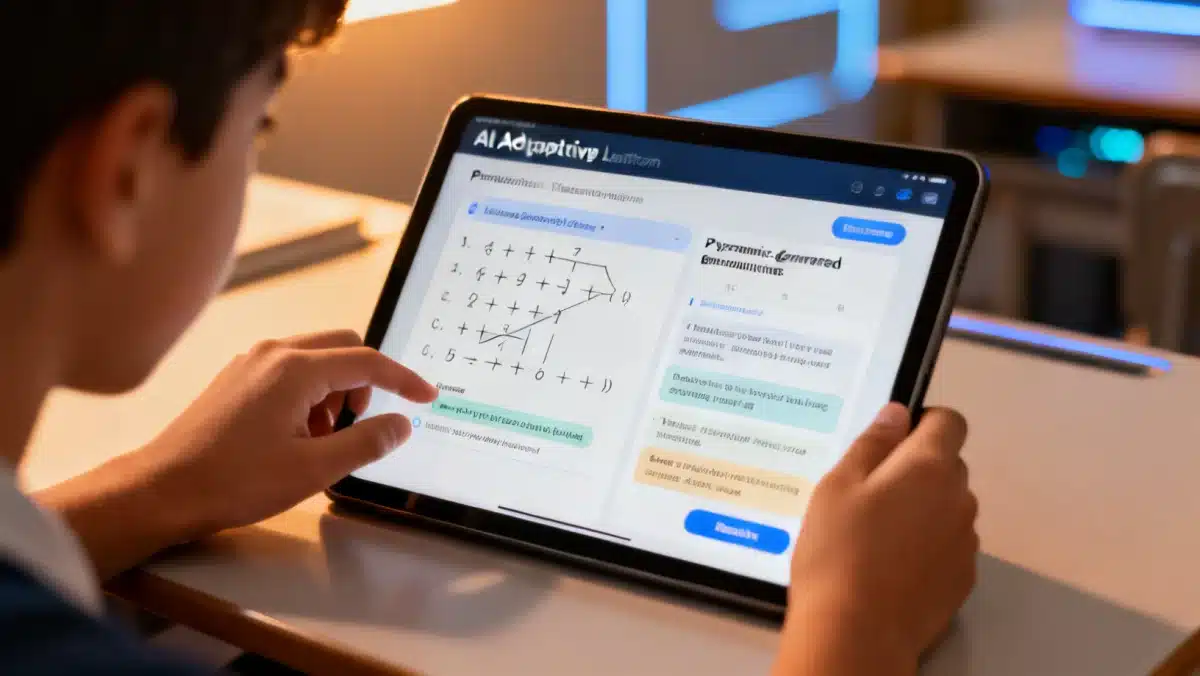 Student hands interacting with an AI-powered adaptive learning platform on a tablet