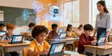Students engaging with personalized AI learning tools in a futuristic US classroom setting