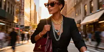 Stylish woman with layered necklaces, statement handbag, and chic sunglasses elevating her US outfit in 2026.