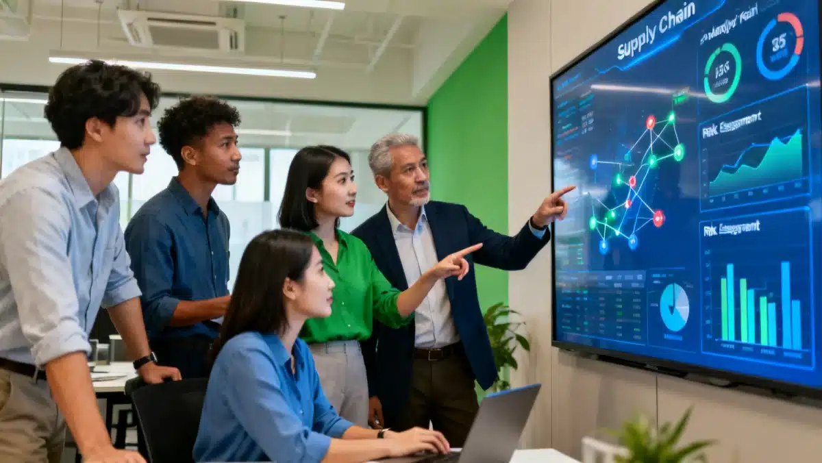 Team of supply chain professionals analyzing data and developing resilience strategies.