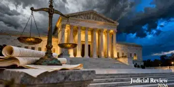 Supreme Court building with scales of justice, symbolizing Judicial Review 2026 decisions and their impact on US law.
