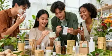 Diverse individuals exploring sustainable beauty products in a modern, eco-conscious setting.