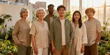Diverse models in sustainable fashion, urban garden setting