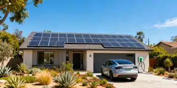 Modern US home with solar panels, electric car, and green garden