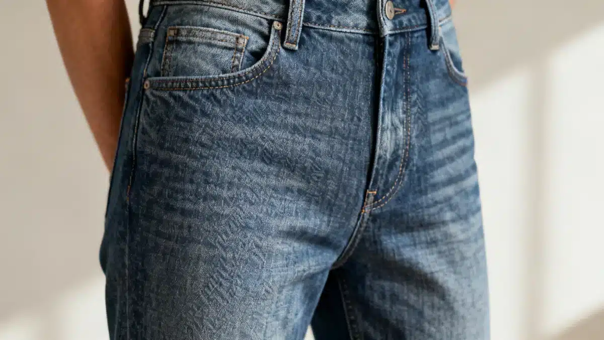 Close-up of tailored straight-fit denim jeans, emphasizing sustainable fabric and intricate stitching details.