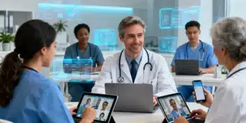 Healthcare professionals conducting virtual telehealth consultations with patients on computers and tablets