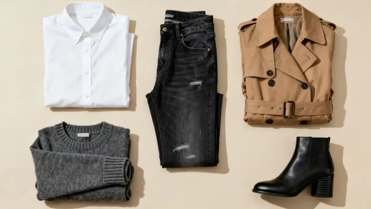 Flat lay of versatile wardrobe essentials for 2026 US fashion