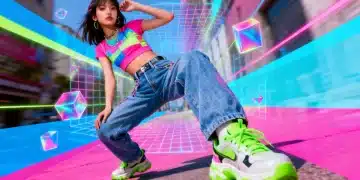 Y2K-inspired fashion revival in 2026, featuring a woman in colorful crop top and low-rise jeans