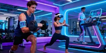 Futuristic fitness enthusiasts engaging with bio-hacking devices, AI trainers, and virtual reality workouts in 2026.