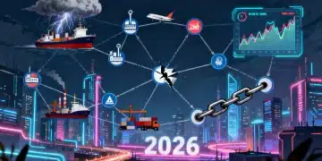 Global supply chain network with disruption symbols, illustrating future challenges.