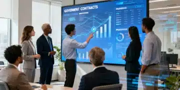 Professionals analyzing government contract data on a digital screen, strategizing for 2026 federal procurement.