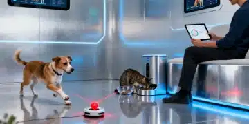 Smart pet care technology in a modern home with dog and cat