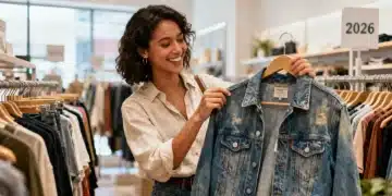 Young woman smiling while shopping for sustainable fashion in a thrift store, holding a denim jacket.