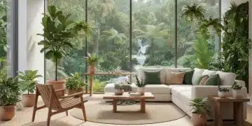 Biophilic living room with natural light and plants
