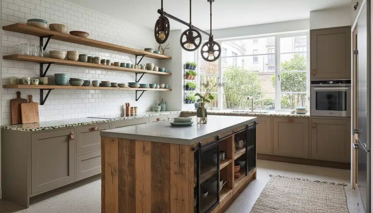 Upcycled modern kitchen with reclaimed wood island