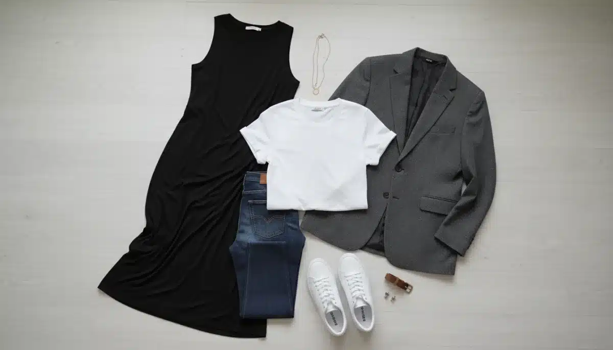 Flat lay of essential versatile wardrobe staples for modern fashion