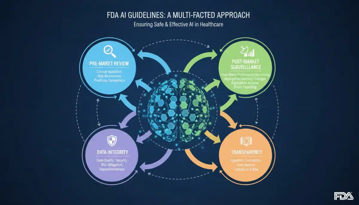 Infographic detailing the multi-faceted approach of new FDA AI healthcare guidelines.