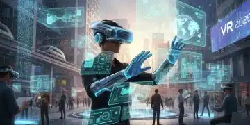 Futuristic user experiencing advanced virtual reality with holographic interfaces.