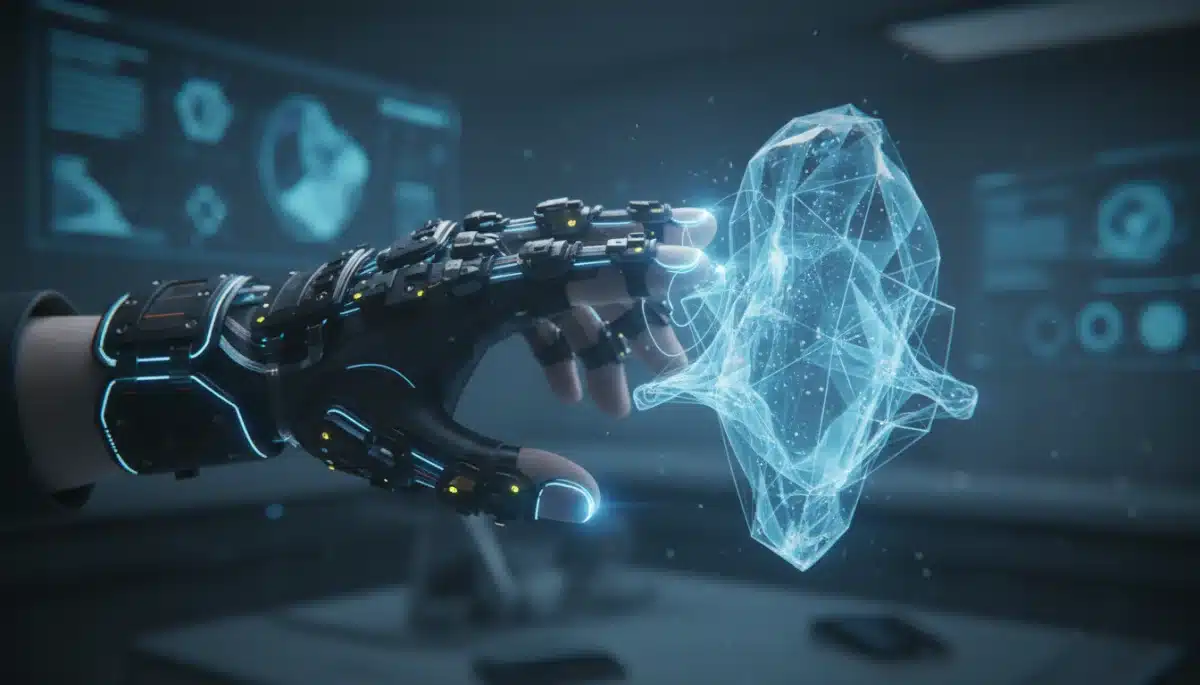 Hand wearing a haptic glove interacting with a virtual object.