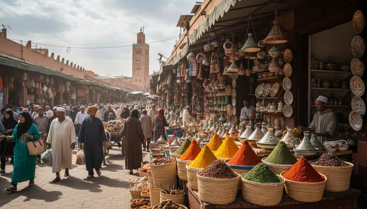 Vibrant market in Marrakech, Morocco, showcasing spices and local crafts.