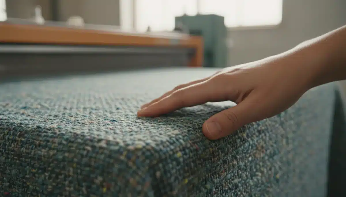 Hand touching recycled fabric, showcasing its texture and quality