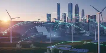 Renewable energy infrastructure with city skyline, symbolizing job growth
