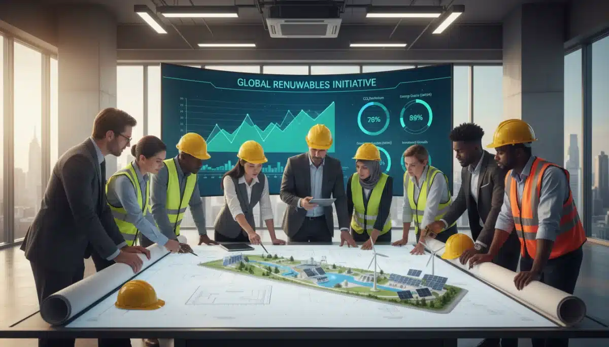 Diverse team collaborating on renewable energy project plans