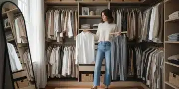 Woman selecting versatile wardrobe staples for 2026 style transition
