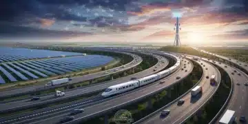 Modern US infrastructure network with highways, high-speed rail, and renewable energy, illustrating federal investment.
