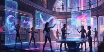 Digital artists collaborating with AI in a futuristic studio setting, 2026