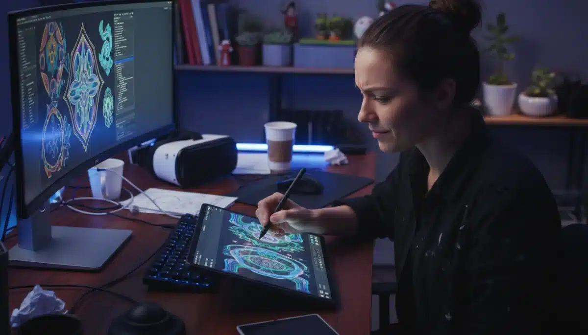 Digital artist interacting with AI art generation software on a tablet