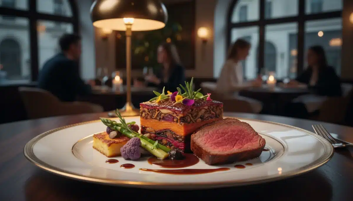 Elegant plant-based protein dish in a fine dining setting