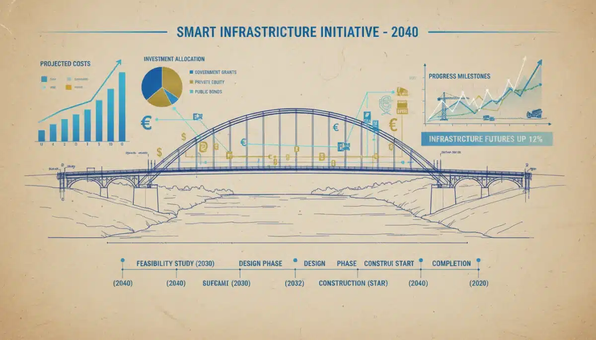 Blueprint of a bridge construction project with financial data overlays.