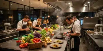 Modern restaurant kitchen with chefs preparing hyper-local dishes