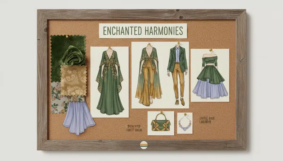 Mood board with fabric swatches in 2026 trending colors