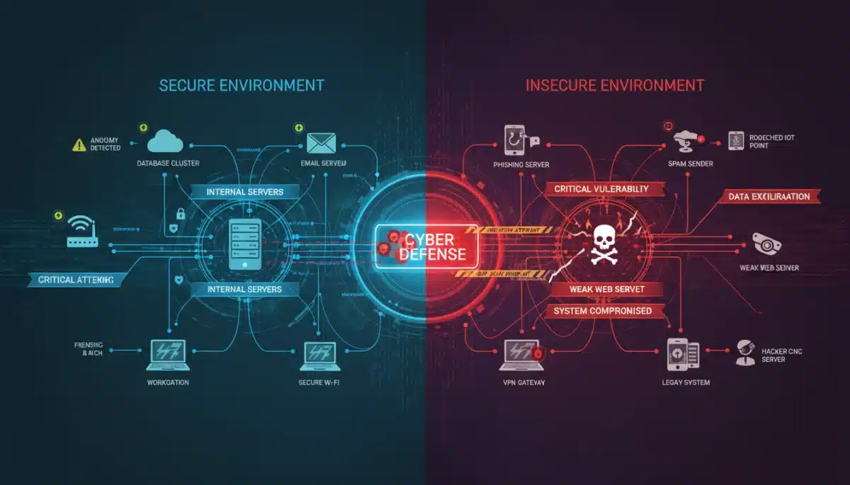 Network diagram illustrating cybersecurity vulnerabilities and data flow risks.