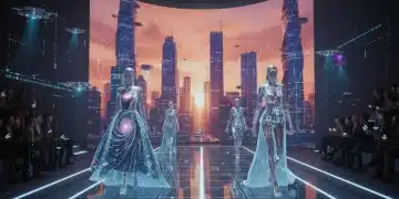 Digital fashion models on a holographic runway with a futuristic American cityscape.