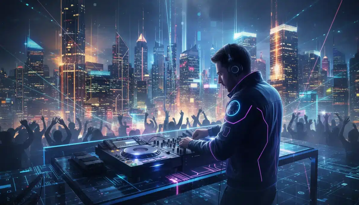 DJ mixing music in an urban setting with a futuristic cityscape, symbolizing electronic music evolution.