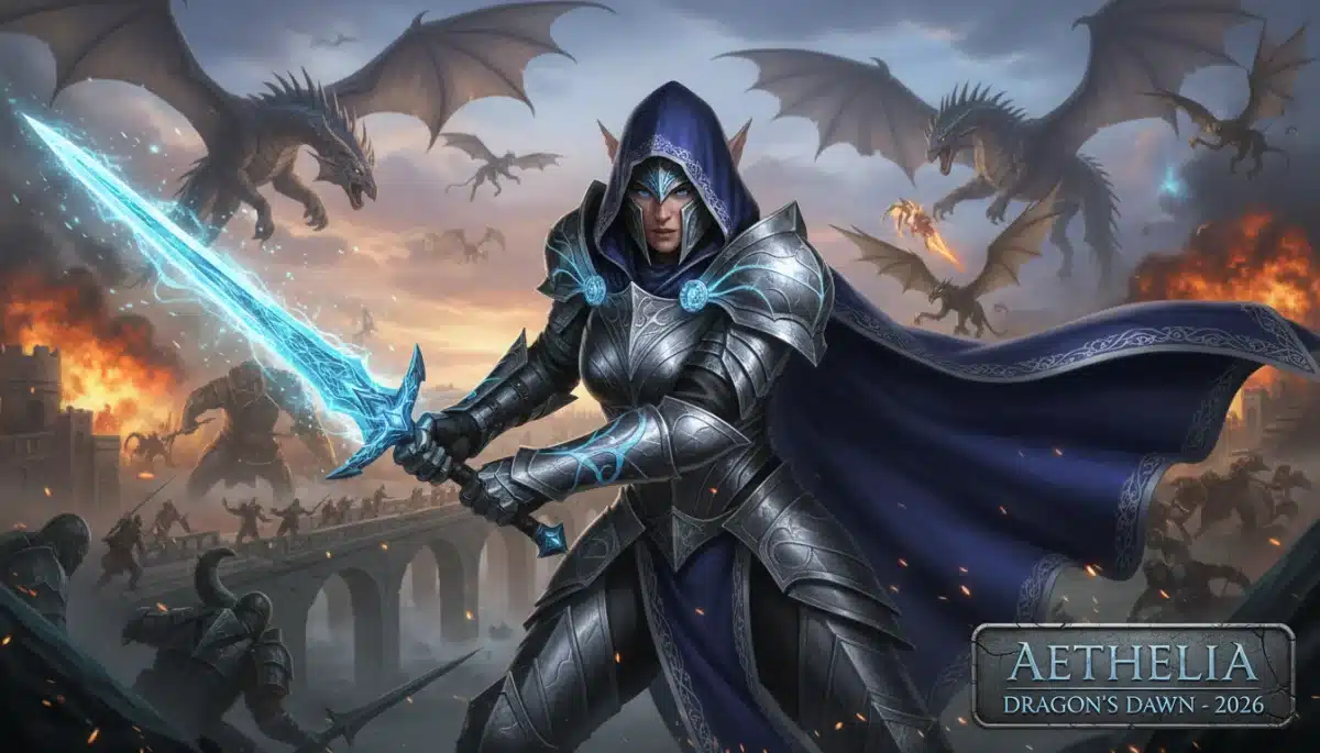 Fantasy game character with intricate armor and magic in an epic battle scene
