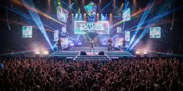 Dynamic concert stage with futuristic lighting and an excited crowd, symbolizing future music trends.