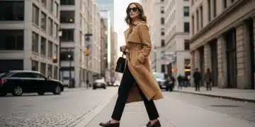 Woman in classic trench coat, tailored trousers, and leather loafers, epitomizing timeless fashion.