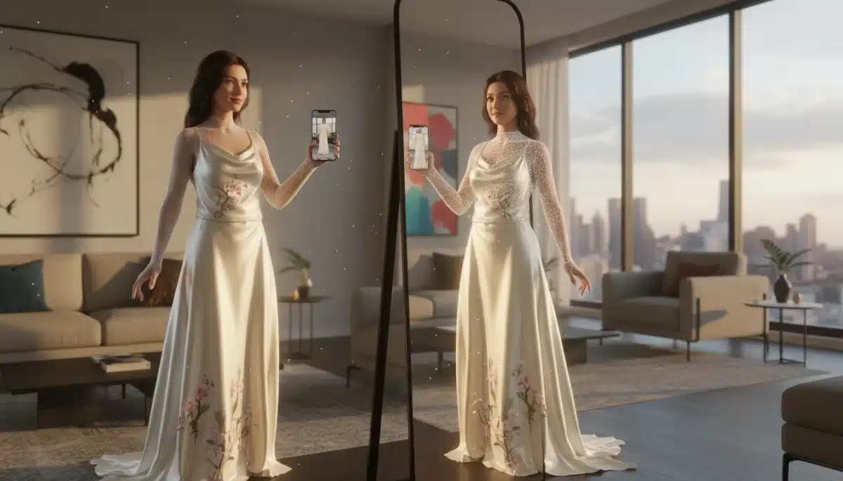 Woman virtually trying on clothes using augmented reality on a smartphone.