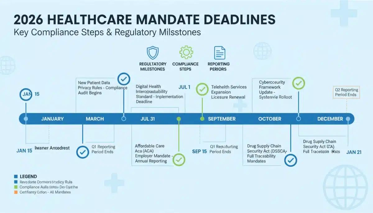 Infographic showing a timeline of 2026 healthcare mandate deadlines and compliance steps