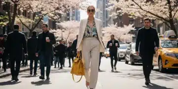 Woman showcasing modern American spring fashion with essential accessories